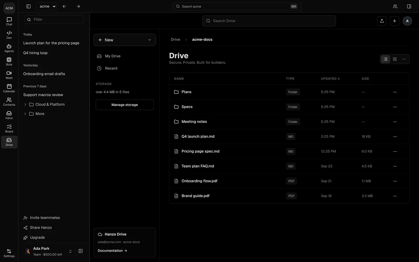 The Drive room: the team's documents and files, in folders.